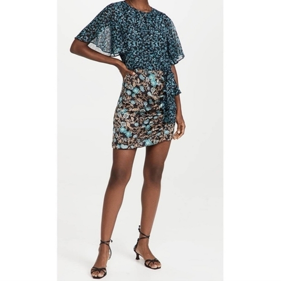 Misa Los Angeles Talia Dress Black Teal Floral Women's Medium M Flutter Sleeves - Picture 2 of 15